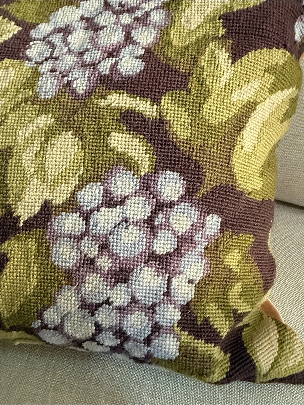 Hand made needle point pillow decorative accent GRAPES 🍇 Green and Purple Floral